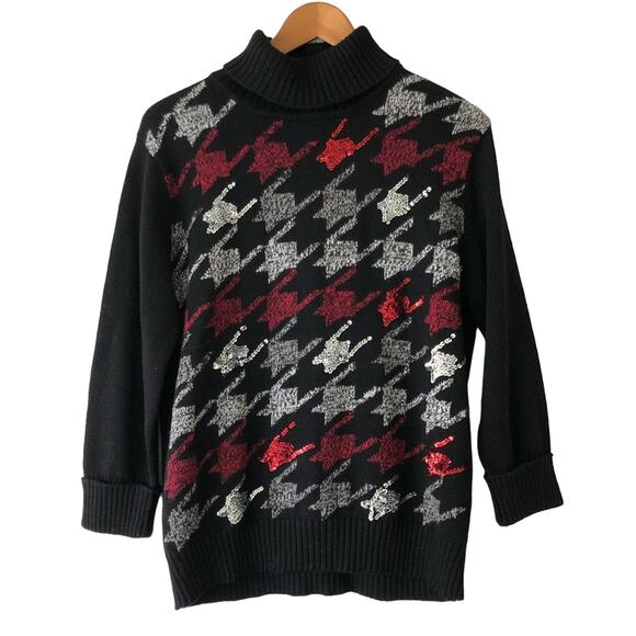 Vintage Houndstooth Sequin Sweater Kathie Lee Black Red Silver Mock Neck Large - Picture 1 of 7